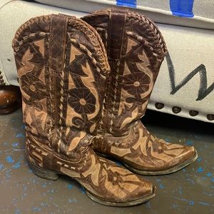 Lane floral tooled brown western boots womens